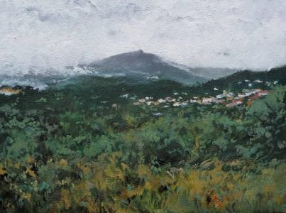 Cuadro al oleo de un paisaje con tormenta