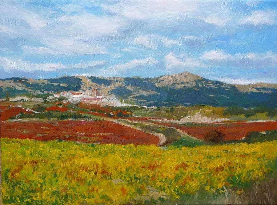 Cuadro al oleo de un paisaje de La Rioja en otoño