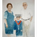 Retrato en acuarela de unos abuelos con el nieto