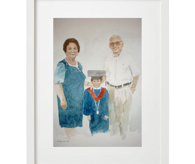 Retrato enmarcado personalizado a partir de una foto para regalo. Se trata de unos abuelos con el nieto.