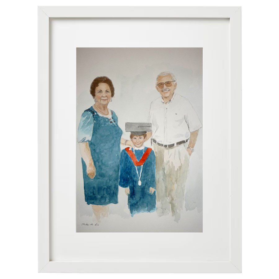 Retrato enmarcado personalizado a partir de una foto para regalo. Se trata de unos abuelos con el nieto.