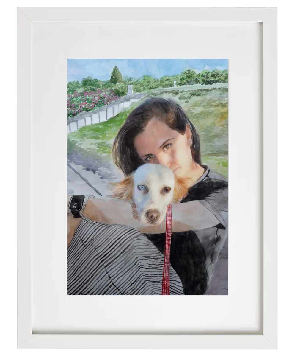 Retrato en acuarela de una mujer con su perro pintado por encargo a partir de una foto Cuadro en acuarela de una mujer con su perro pintado por encargo