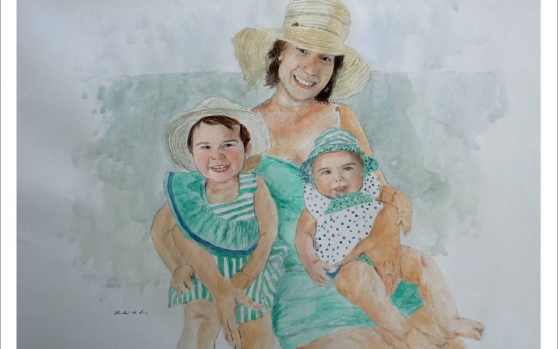 Retrato en acuarela pintado por encargo de una madre con sus dos hijas.