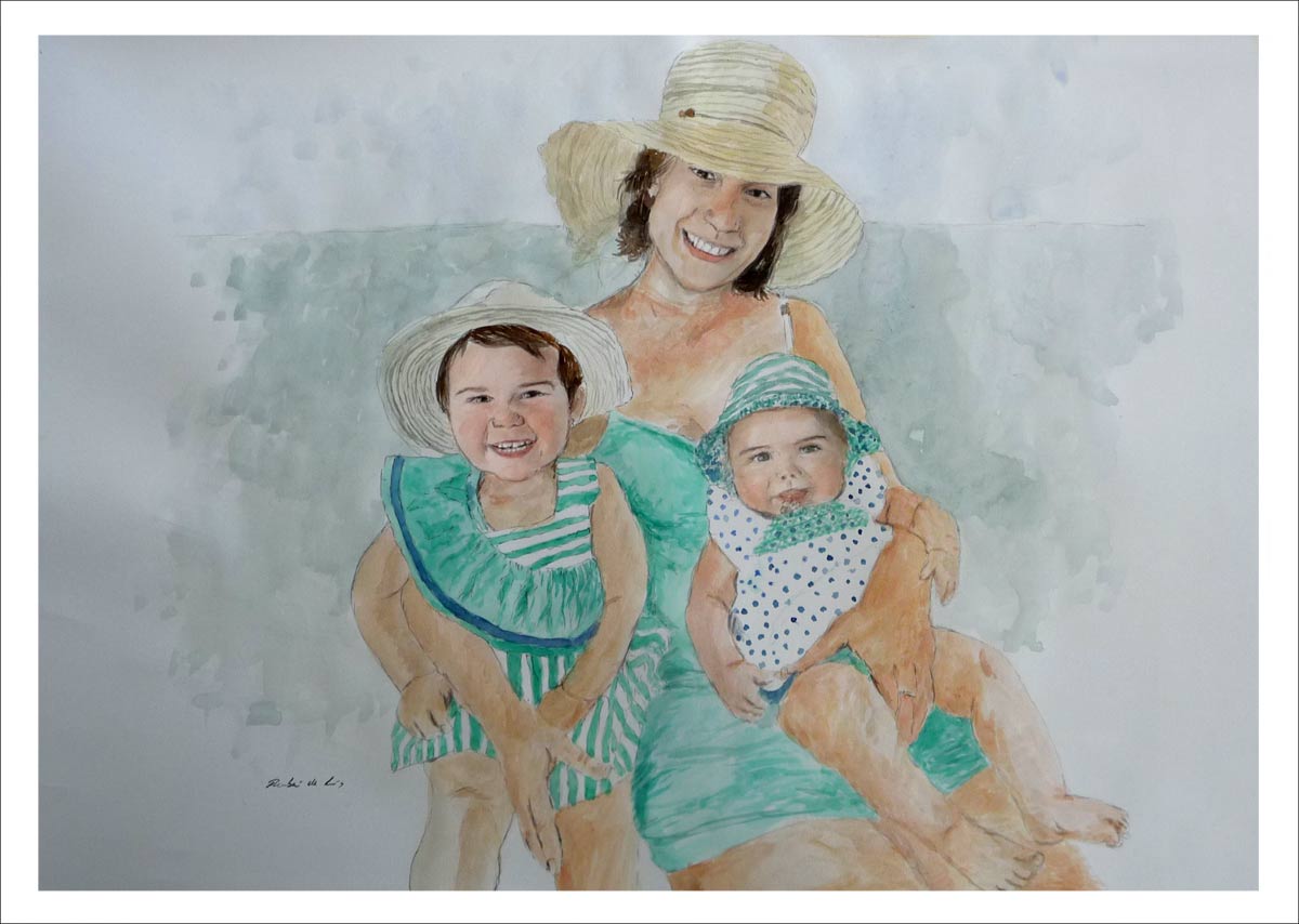 Retrato en acuarela pintado por encargo de una madre con sus dos hijas.