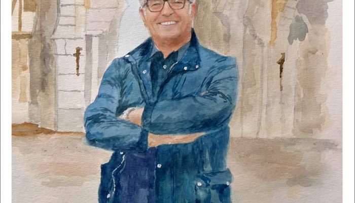 Acuarela de un retrato de una figura pintad por encargo a partir de una foto.