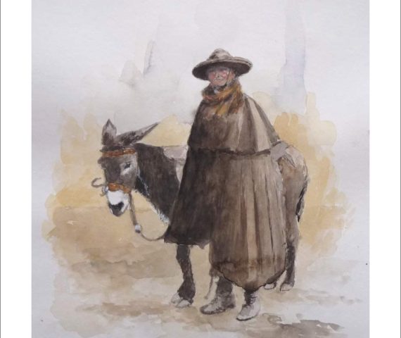 Acuarela de un tipo tradicional segoviano con un burrito pintado por Rubén de Luis