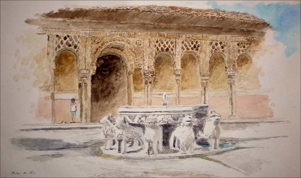 Acuarela del patio de los Leones pintada por Rubén de Luis