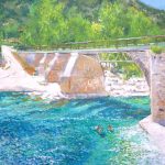 Paisaje al oleo de Boltaña, puente de La Gorga, Huesca