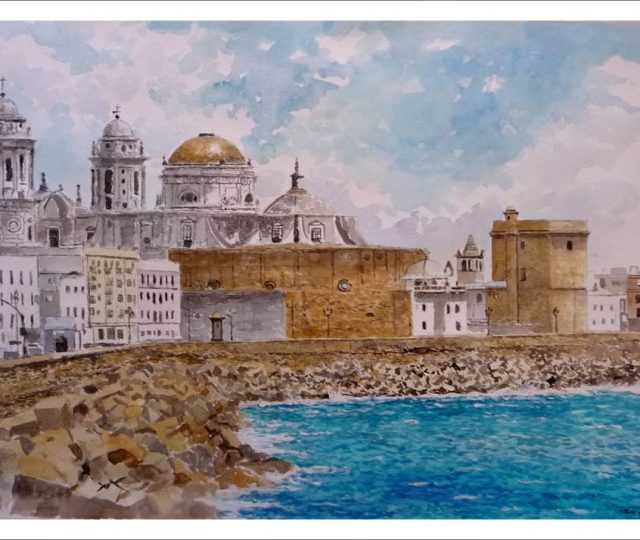 Acuarela de un paisaje de Cádiz del pintor Rubén de Luis