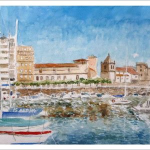 Acuarela del puerto de Gijón, Asturias.