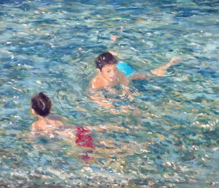 Cuadro al oleo de unos niños buscando peces en el mar