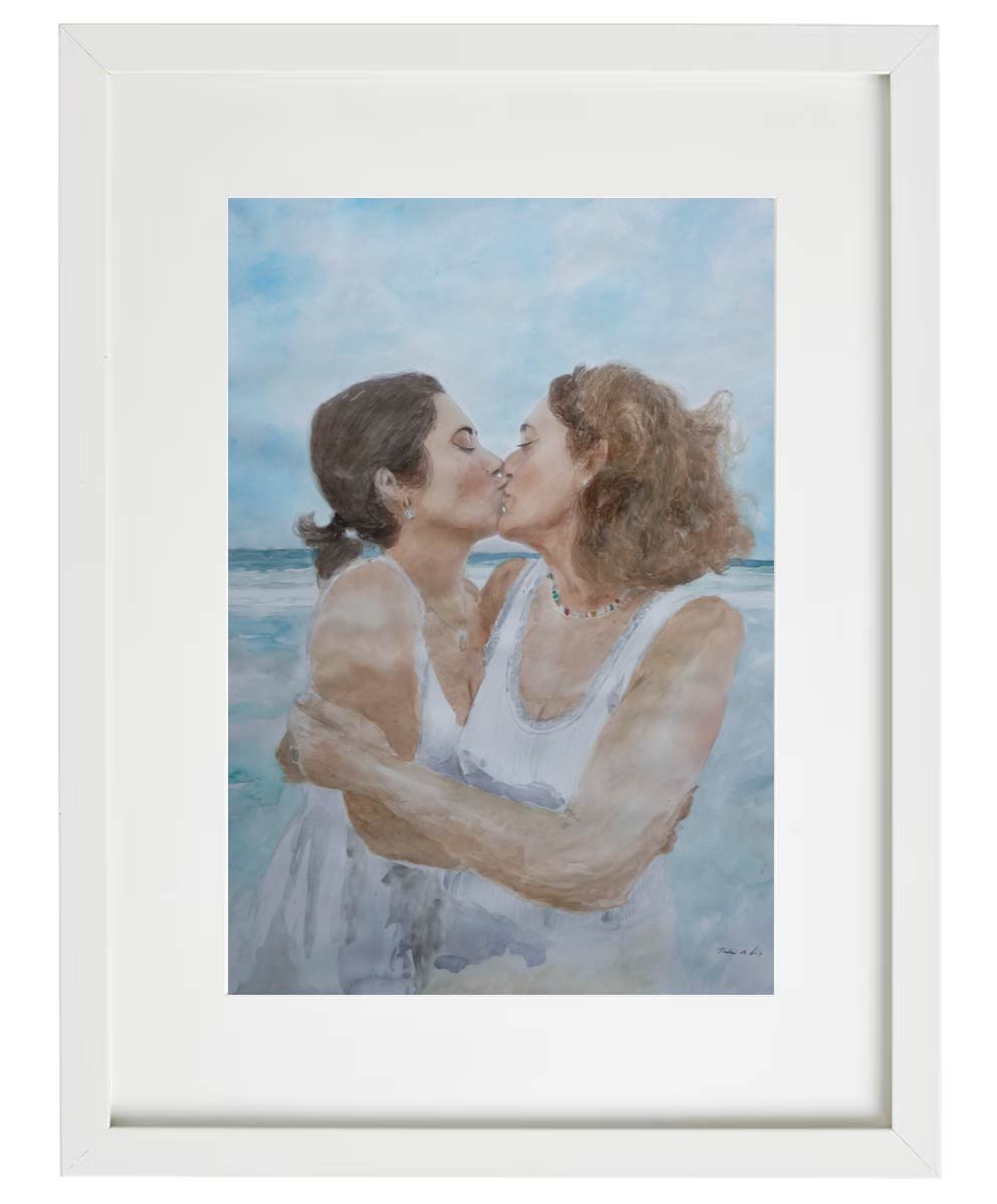 Cuadro de un retrato en acuarela de una madre y una hija frente al mar. Cuadro de un retrato en acuarela de una madre y una hija