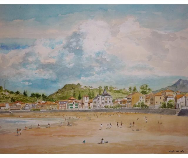 Acuarela de la playa de Ribadesella, Asturias