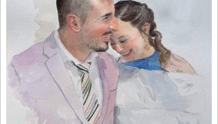 Acuarela de un retrato de una pareja de recién casados pintado por Rubén de Luis