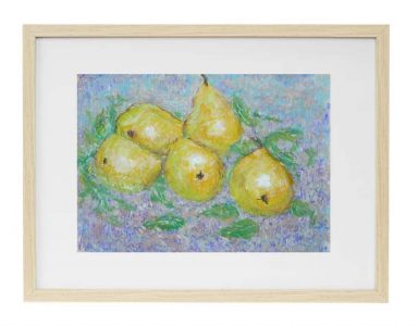 Cuadro a pastel de unas peras sobre una mesa a modo de bodegón