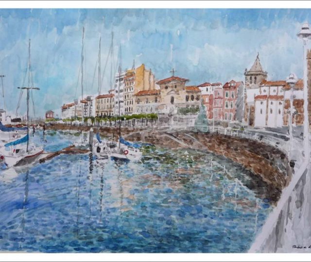 Cuadro en acuarela del puerto deportivo de Gijón