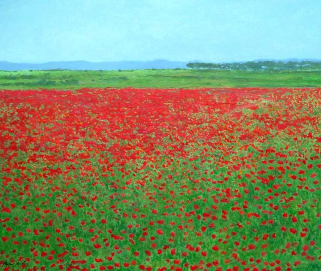 Cuadro al oleo de un paisaje de amapolas