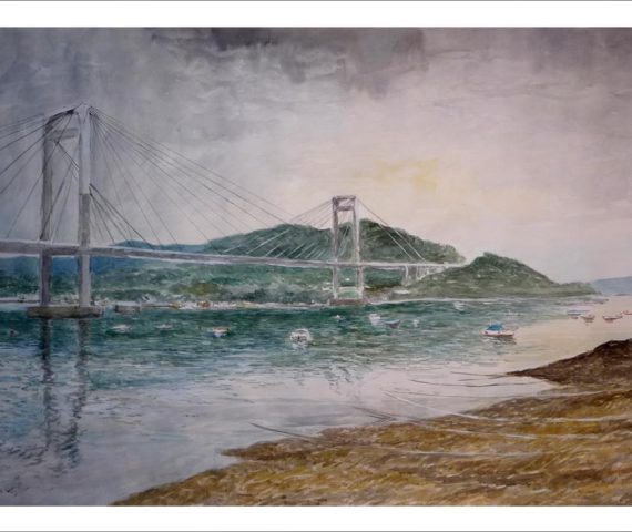 Acuarela del Puente de Rande cruzando la ría de Vigo. Una acuarela que forma parte de la serie de acuarelas de Galicia del pintor Rubén de Luis.