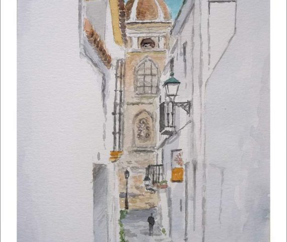 Acuarela de una calle de Tarifa realizada por Rubén de Luis