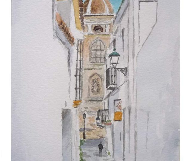 Acuarela de una calle de Tarifa realizada por Rubén de Luis