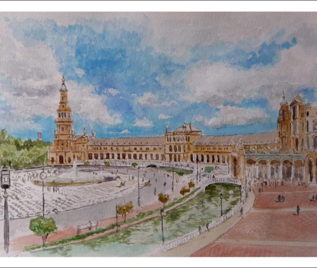 Acuarela de la Plaza de España de Sevilla pintada por Rubén de Luis para la serie de acuarelas de Andalucía