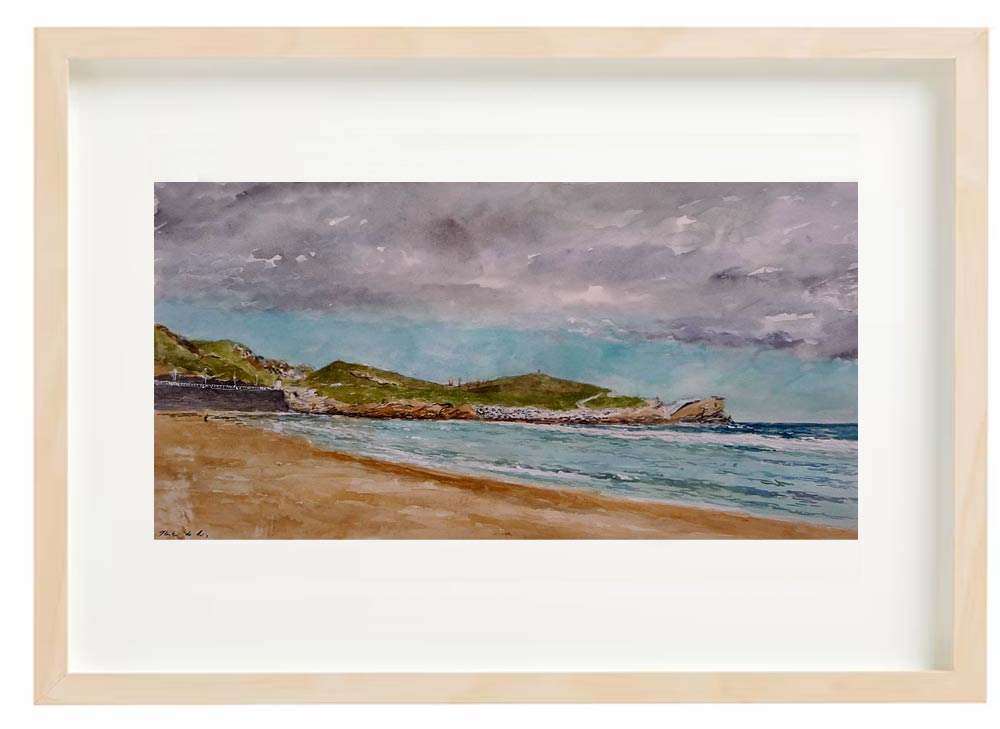 Cuadro de la playa de Salinas en Asturias en acuarela.