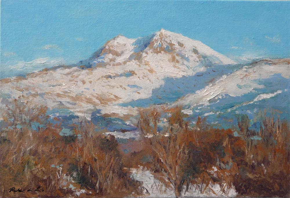 Un cuadro al oleo de un paisaje nevado de la Maliciosa en la Sierra de Guadarrama del pintor Rubén de Luis.