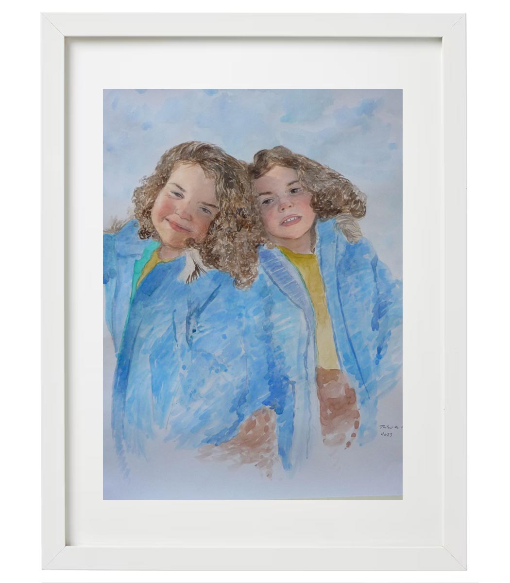 Acuarela de un retrato de dos hermanas pintado por encargo de una foto.
