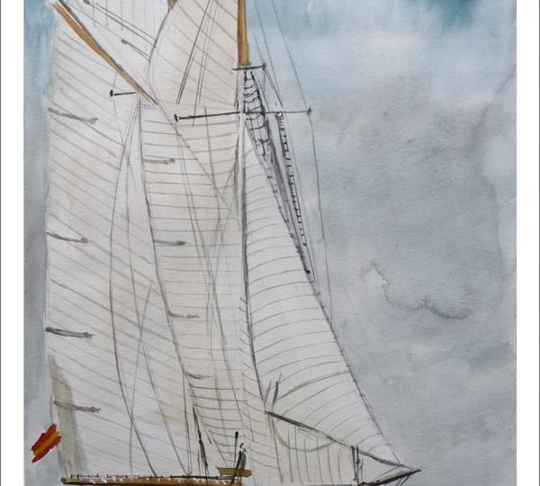 Acuarela de un velero pintada por Rubén de Luis para la serie de cuadros de barcos y veleros