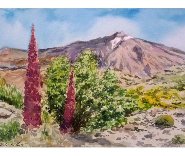 Acuarela de un paisaje del Teide pintado por Rubén de Luis