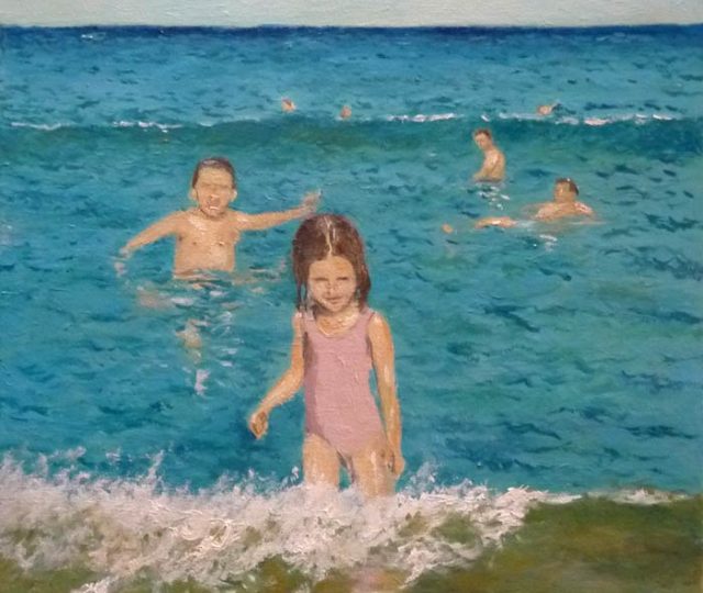 Cuadro al oleo de unos niños jugando en la orilla del mar pintado por Rubén de Luis.