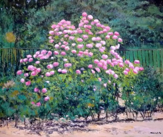 Cuadro al oleo impresionista de unas hortensias en un jardín
