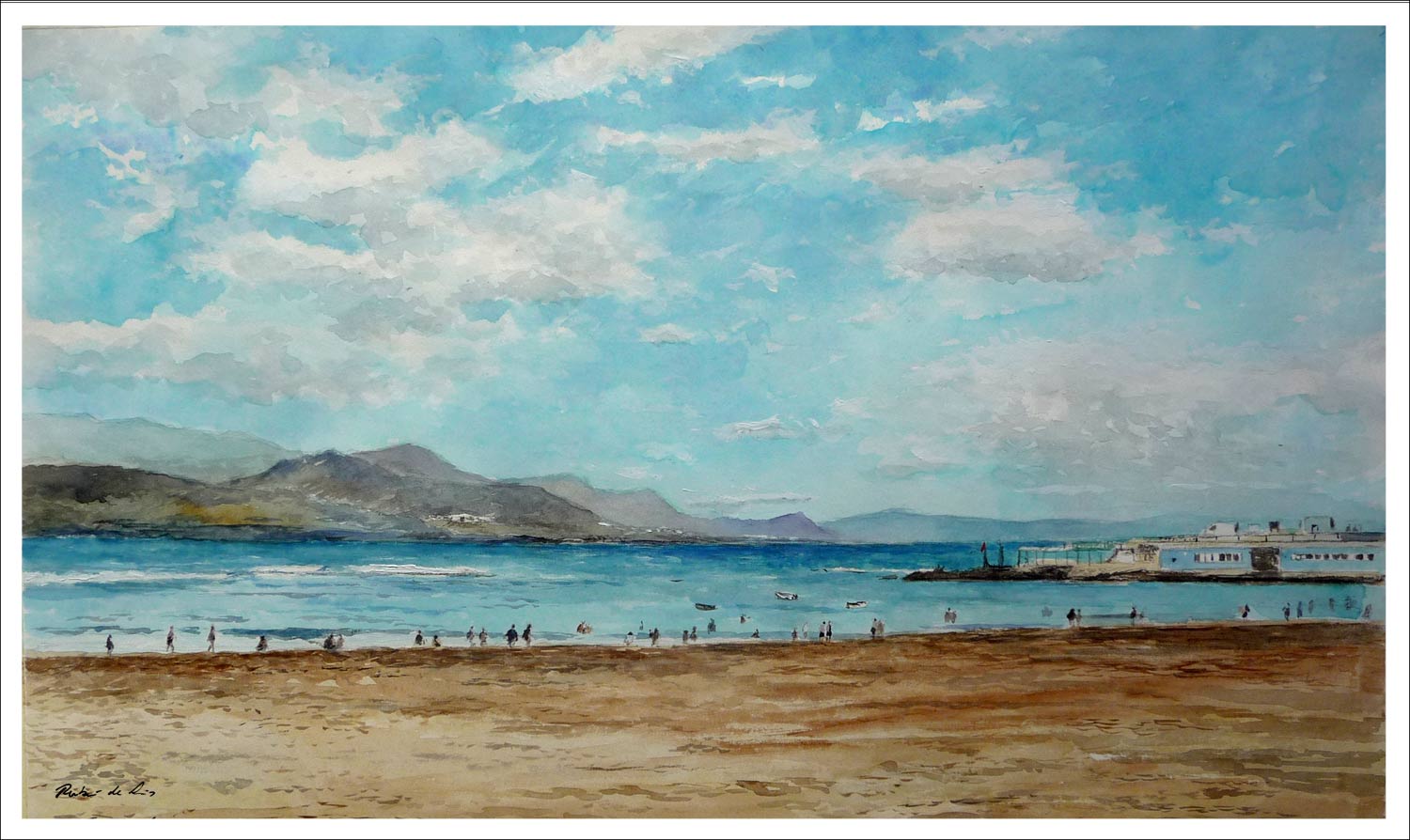 Acuarela de la playa de las Canteras en Las Palmas de Gran Canaria