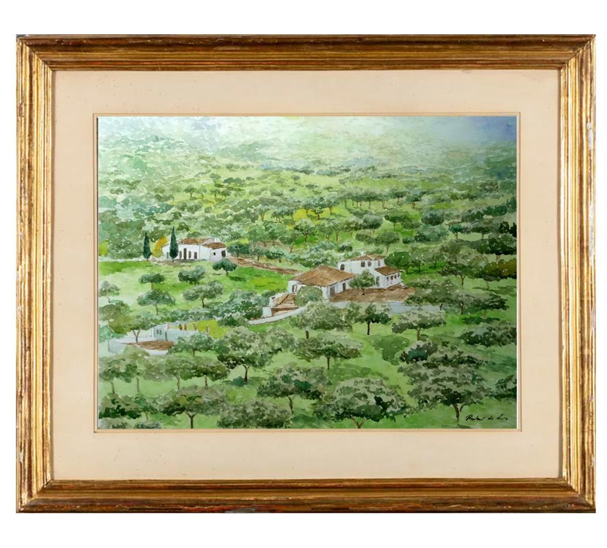 Cuadro en acuarela de la dehesa de Córdoba pintado por Rubén de Luis Cuadro en acuarela de un paisaje de la dehesa de Córdoba