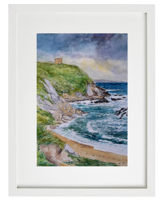 Cuadro en acuarela de la playa de Tagle en Cantabria con un marco en blanco.