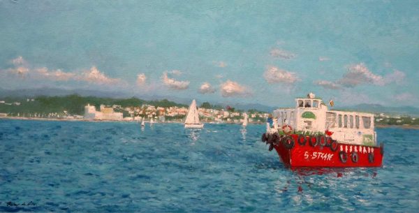 Oleo de la bahía de Santander al atardecer pintado por Rubén de Luis