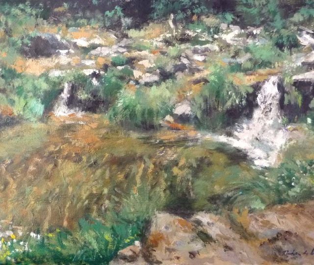 Cuadro al oleo de unas pozas de agua en el puerto de la Morcuera en Madrid del pintor Rubén de Luis