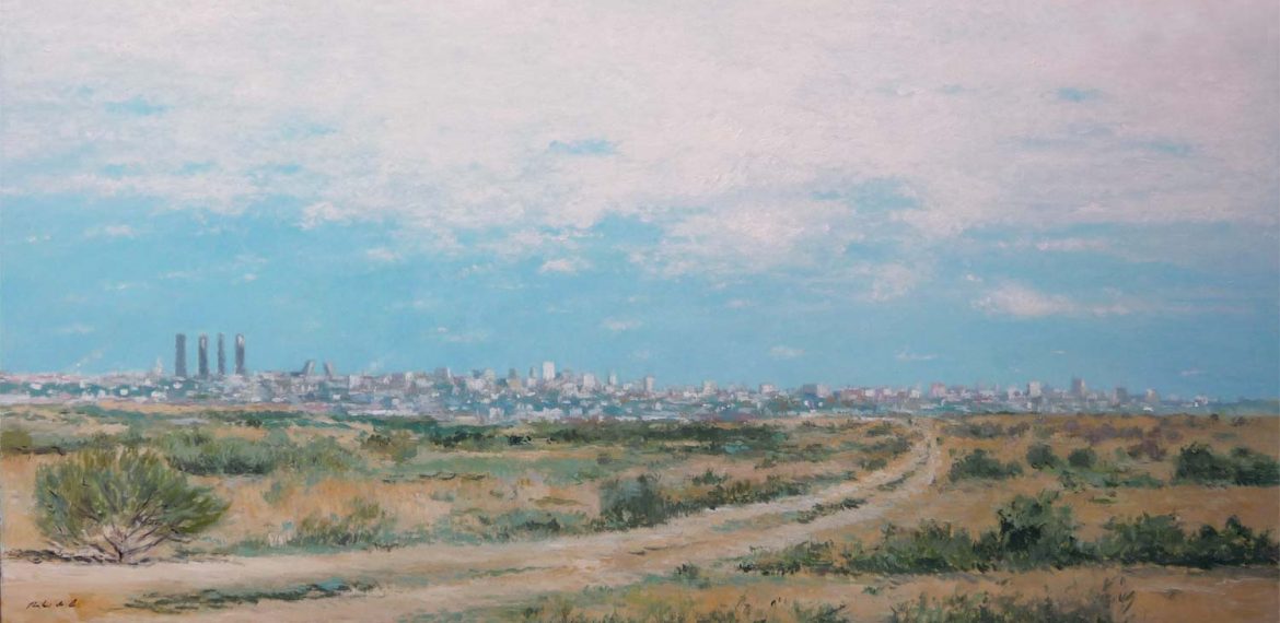 Cuadro al oleo de un paisaje de Madrid y su skyline. Una obra pintada al oleo por el pintor madrileño Rubén de Luis desde la zona de Pozuelo y Somosaguas.