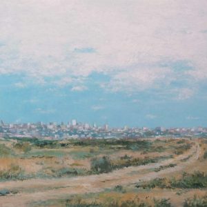 Cuadro al oleo de un paisaje de Madrid y su skyline. Una obra pintada al oleo por el pintor madrileño Rubén de Luis desde la zona de Pozuelo y Somosaguas.