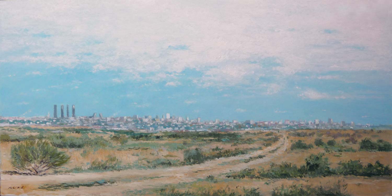Cuadro al oleo de un paisaje de Madrid y su skyline. Una obra pintada al oleo por el pintor madrileño Rubén de Luis desde la zona de Pozuelo y Somosaguas.