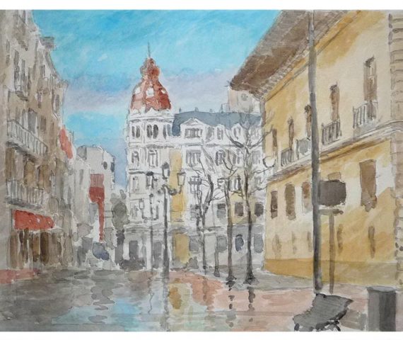 Detalle del cuadro en acuarela de la Plaza de Porlier en Oviedo