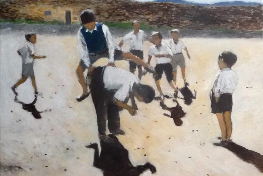 Cuadro al oleo de uno niños jugando a pídola