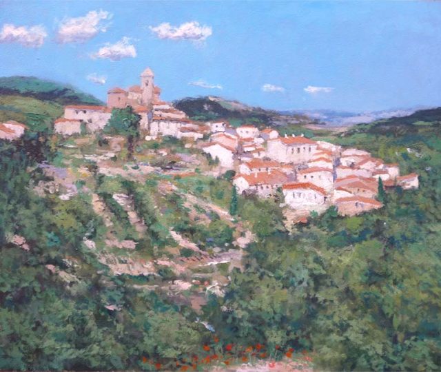 Paisaje pintado al oleo de la Pobla de Benifassà en Castellón.