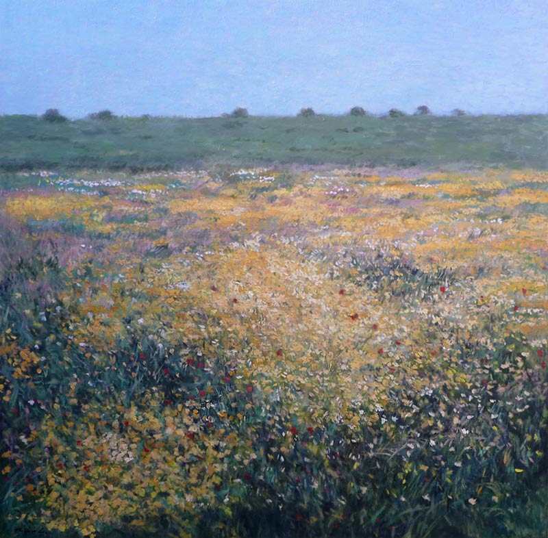 Cuadro al oleo de un paisaje de flores silvestres en primavera