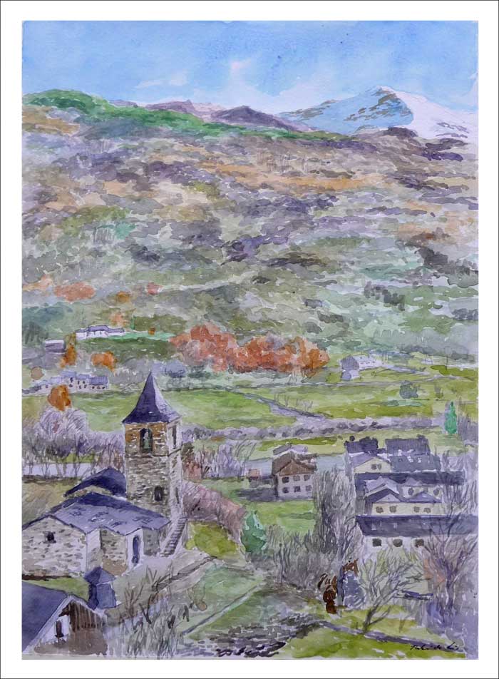 Acuarela de un paisaje de Villanova en Huesca