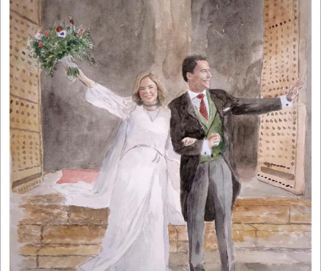 Novios a la salida de una iglesia en un retrato en acuarela