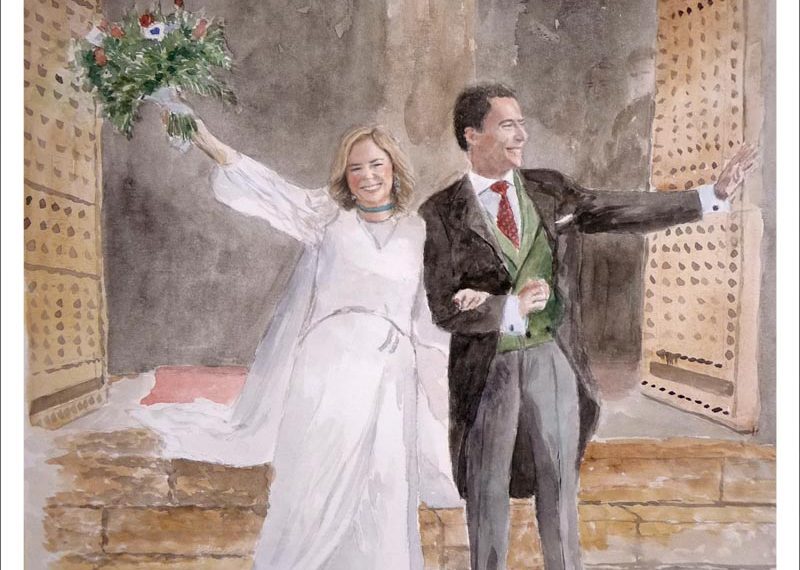 Novios a la salida de una iglesia en un retrato en acuarela