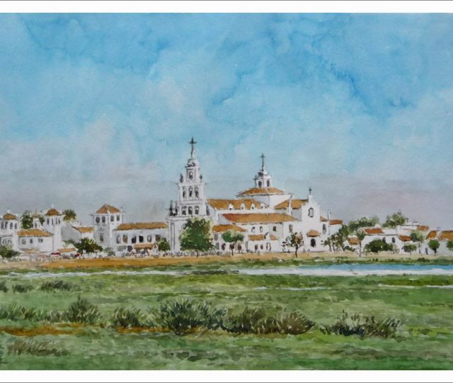 Una acuarela de la aldea del Rocío en Almonte, Huelva pintada por el pintor Rubén de Luis