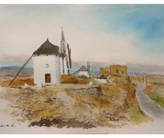 Acuarela de un paisaje con molinos de viento en Consuegra, Toledo del pintor Rubén de Luis