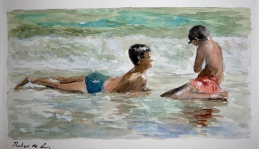Cuadro en acuarela de dos niños en la playa
